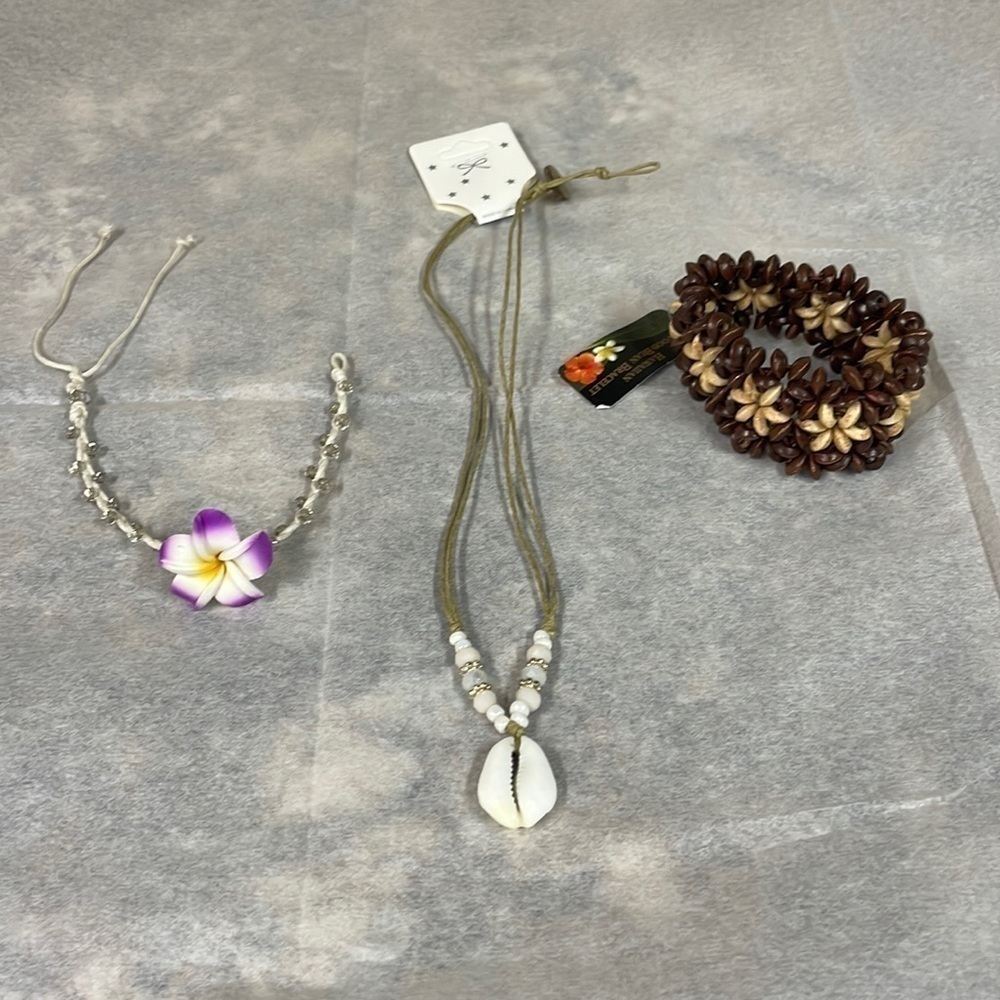 JEWELRY Set: Necklace NWT, Hawaiian Wood Bean Bracelet NWT, Flower Bracelet NWOT